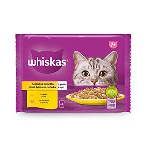 Alim Gato WHISKAS Hum Sq 7+ Aves 4x85gr